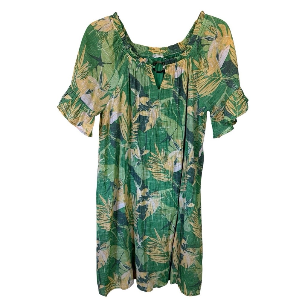 Naif Tropical Floral Shift Dress Womens Medium Green Yellow Ruffle Sleeve Boho - Picture 2 of 10